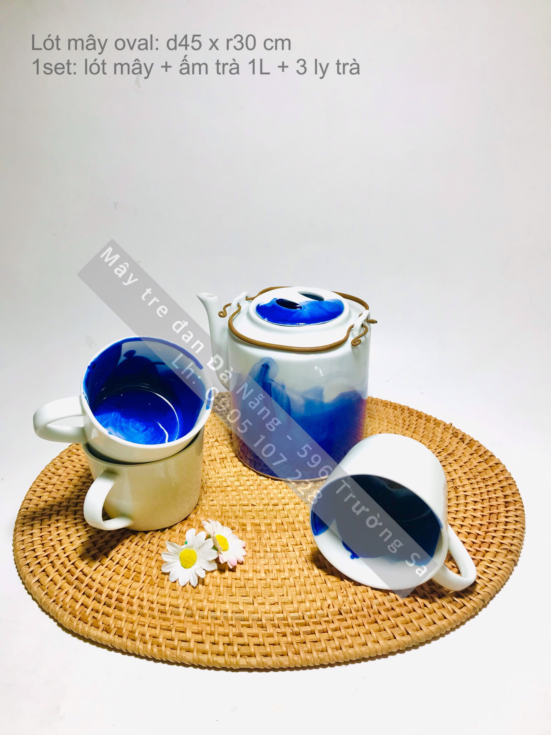 Vietnamese Traditional Tea Set / Warm Keeping Set/ Bat Trang Ceramic/ Rattan Cover/ For House Warming Gifts/ Presents for Parents/ Friends