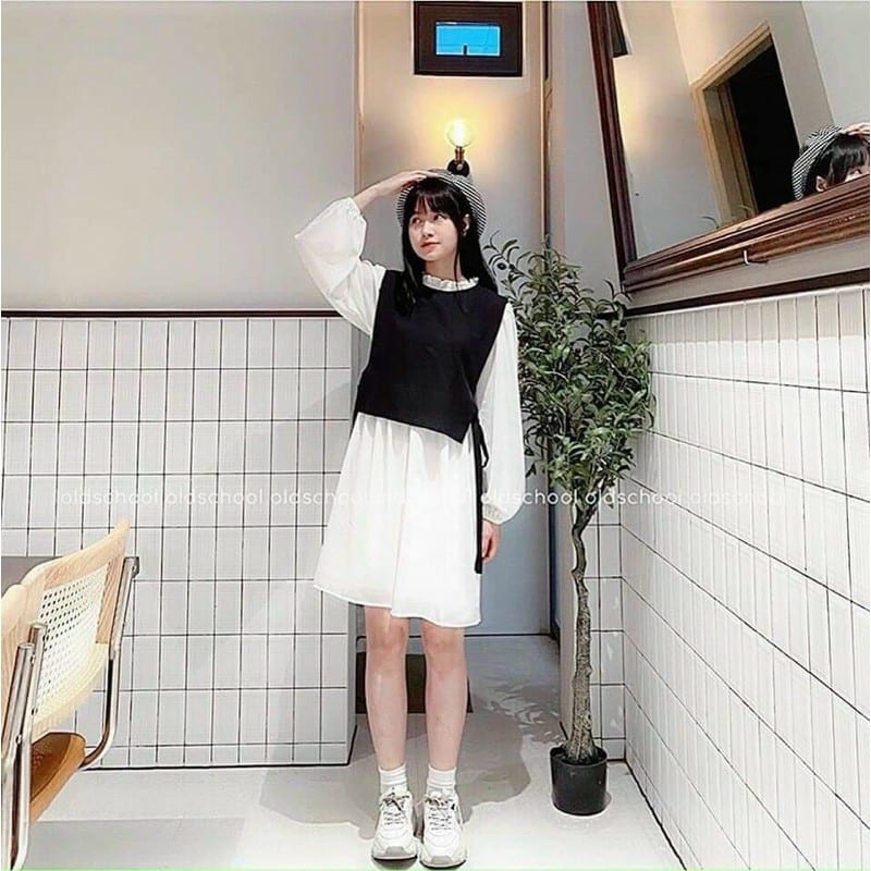 Sét Váy Cổ Bèo Kèm Áo Gile Buộc Eo Thời Trang