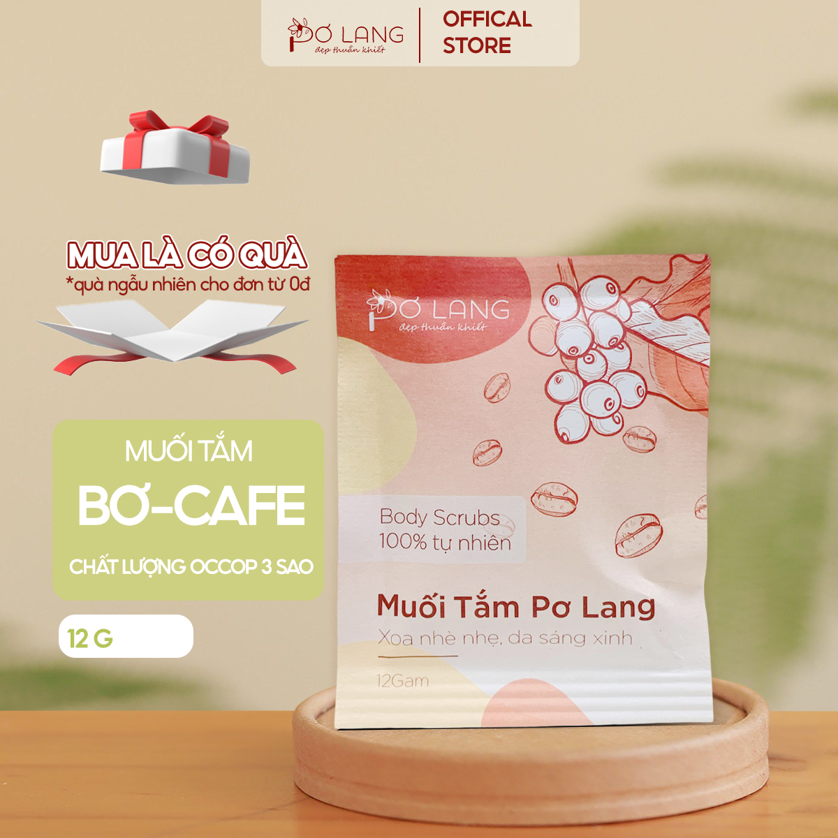 Muối tắm giảm mụn lưng Pơ Lang túi 12 gam (100% Thiên nhiên với dưỡng chất bơ tươi và cà phê Robusta Honey rang mộc)