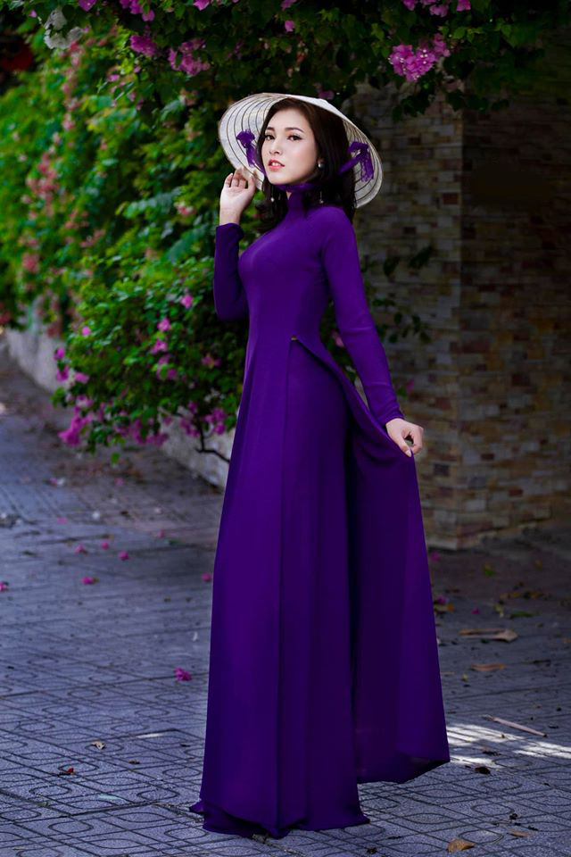 Áo dài nữ truyền thống lụa trơn màu tím huế co giãn cao cấp thiết kế cổ trụ may sẵn, Áo dài truyền thống nữ 2 tà dự tiệc