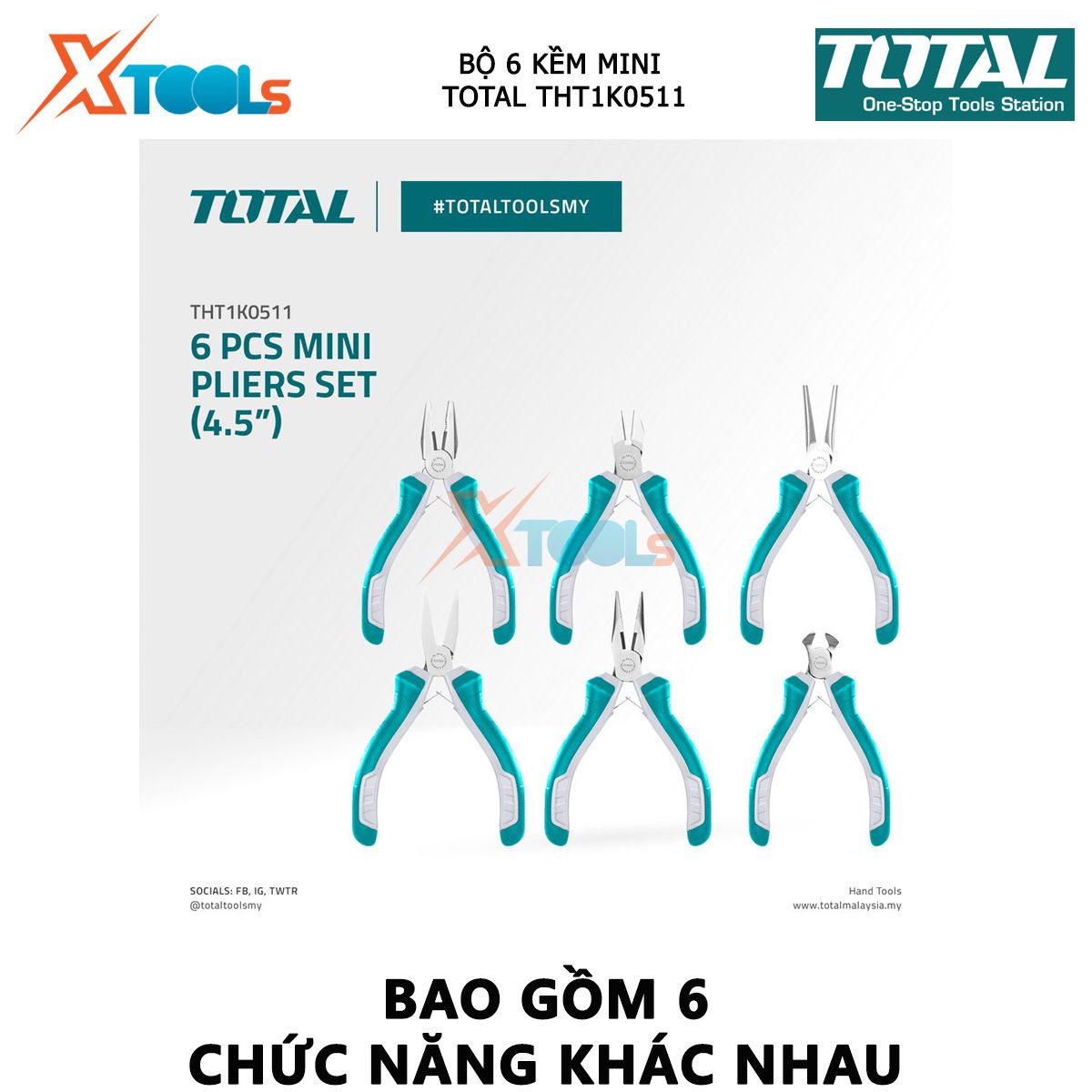 Bộ 6 kềm mini làm trang sức TOTAL THT1K0511 bộ kìm đa năng gồm 6 chi tiết 4.5" XTOOLs