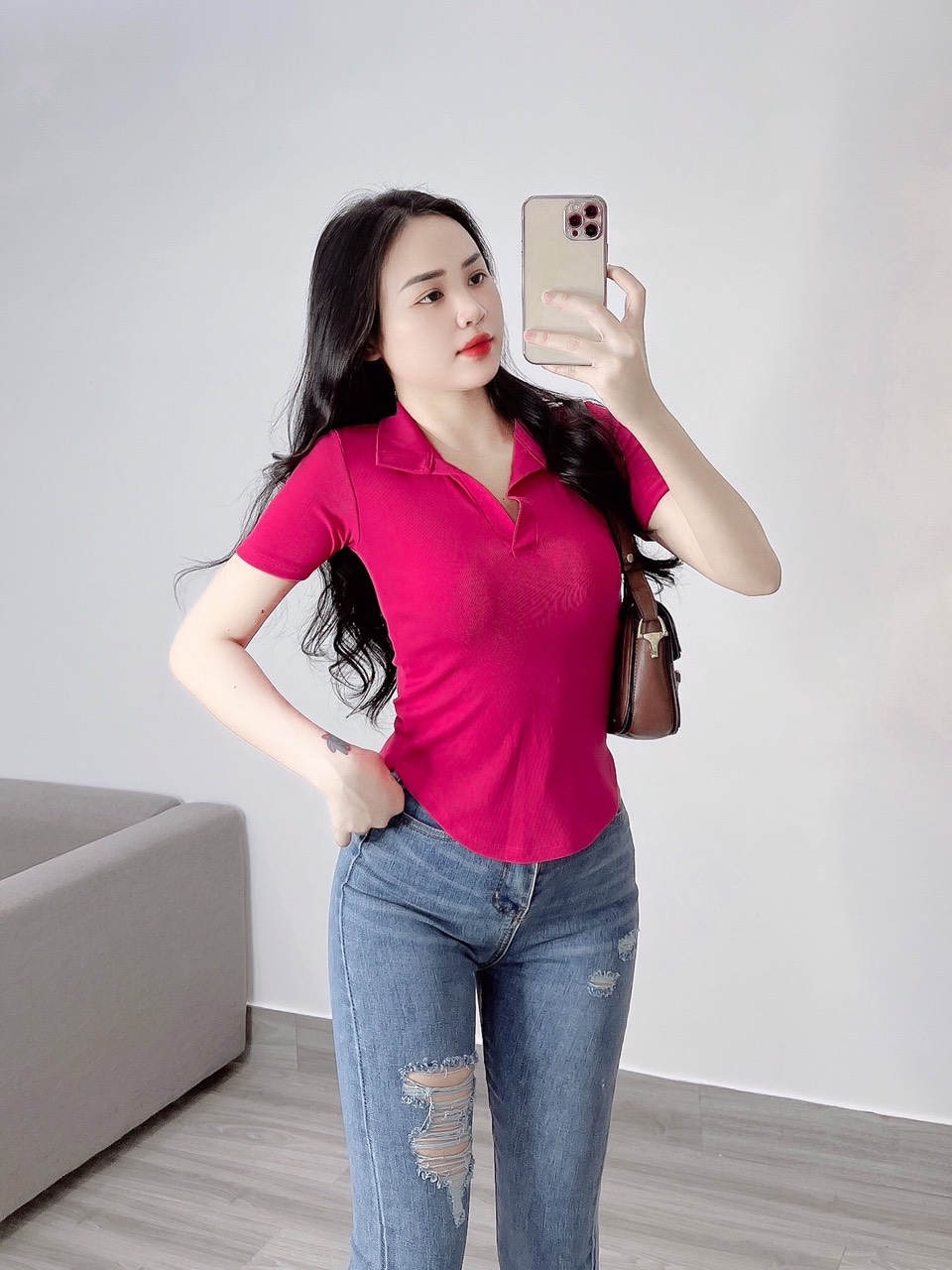 Áo thun polo nữ thun gân vạt bầu cổ bẻ