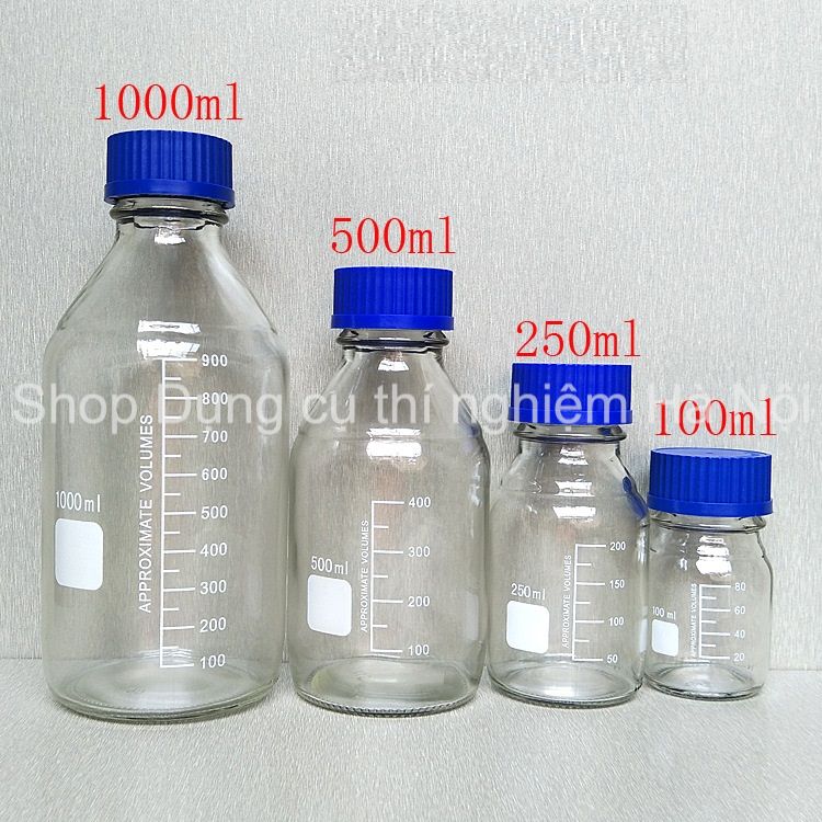 Chai thủy tinh trung tính nắp vặn xanh ( chai thủy tinh có vạch chia dung tích )