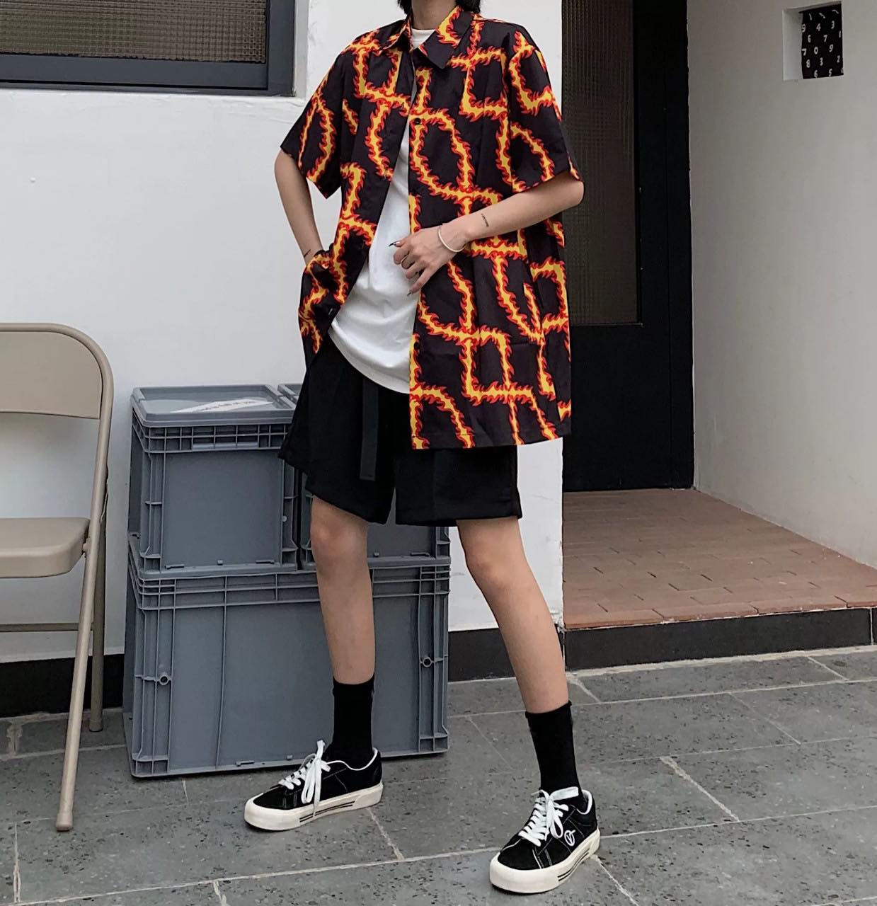 Áo sơ mi tay lỡ unisex màu đen LỬA ĐỎ cực chất