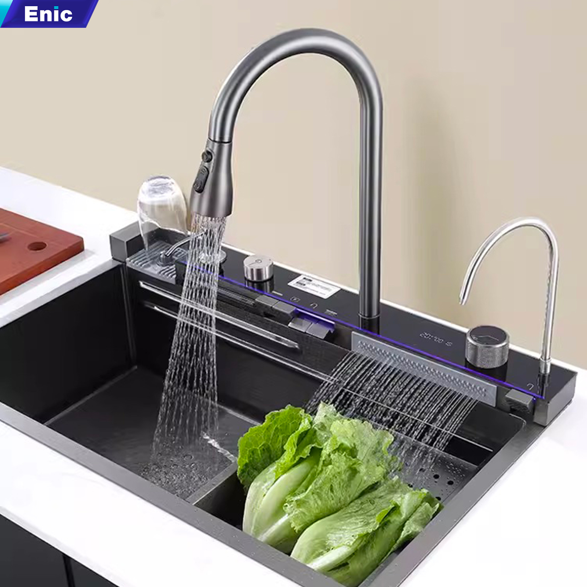 Bồn rửa chén thông minh Enic DK3 Chậu rửa bát inox 1 ngăn lớn, vòi phun thác nước hiện đại, màn hình LED hiển thị nhiệt độ