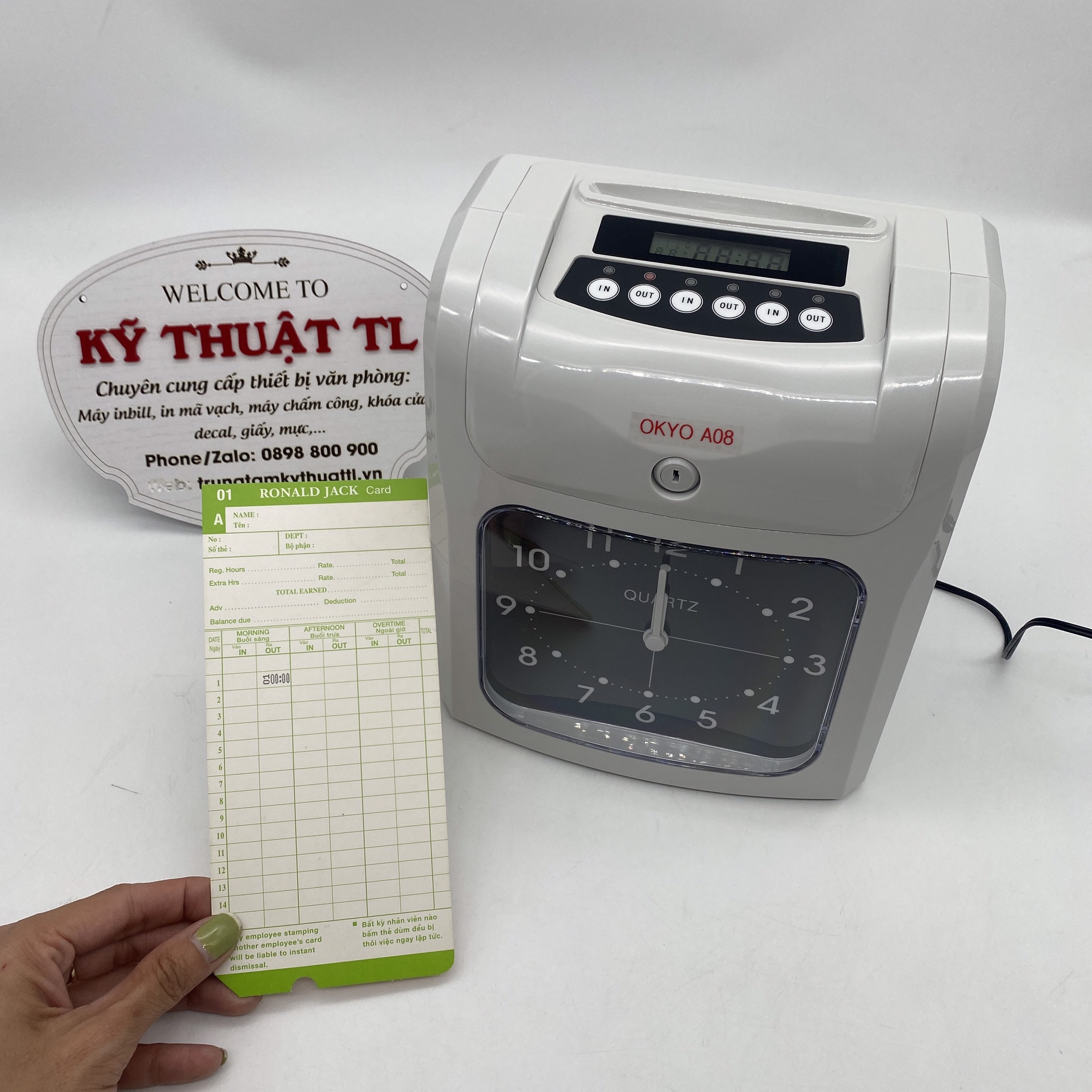 Okyo Máy Chấm Công Thẻ Giấy A08 Màu Trắng Xám In Kim 6 Cột Tự Động Kiểm Tra Thẻ Có Loa Báo Giờ Làm