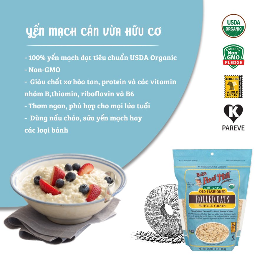 Yến mạch hữu cơ cán vừa Bob's Red Mill 454gr Organic Rolled Oat Regular