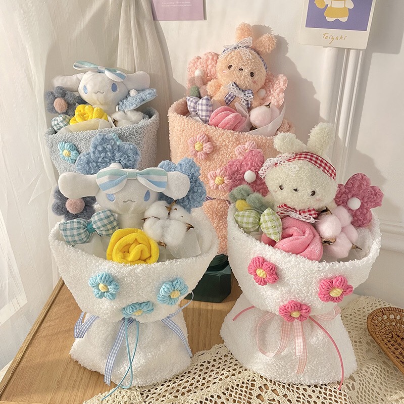Bó hoa gấu bông thỏ cún hoa len