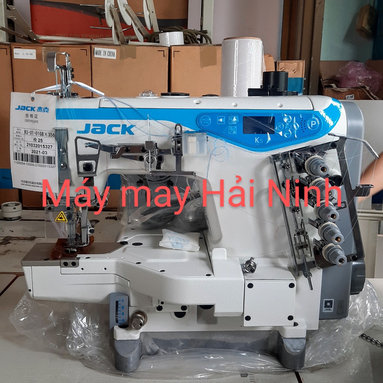 Máy may máy viền jack (trần đè) 5000 stitches/min cắt chỉ tự động mới 100%