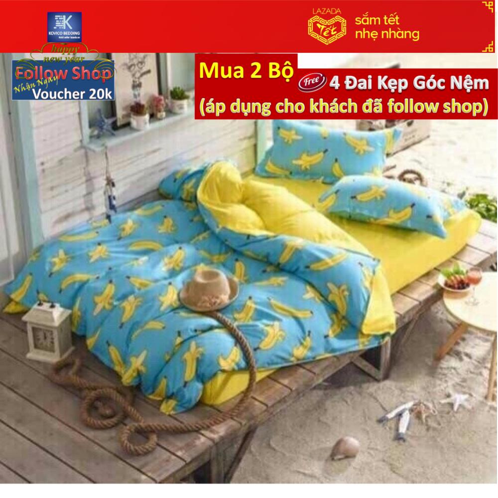 (FreeShip MAX) Bộ chăn ga gối poly chuối vàng 1m8x2m