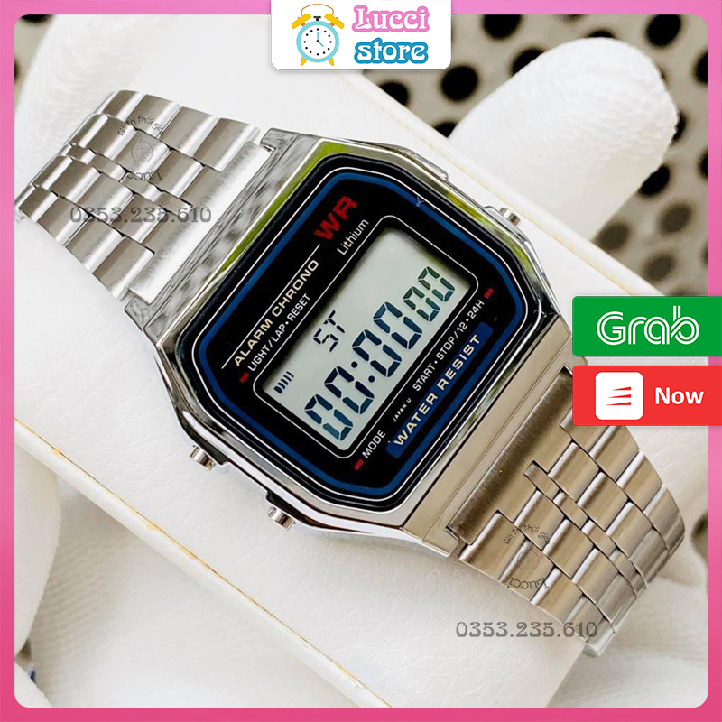 Đồng hồ casio điện tử A159, đồng hồ nam nữ dây thép không gỉ cao cấp full box thiếc