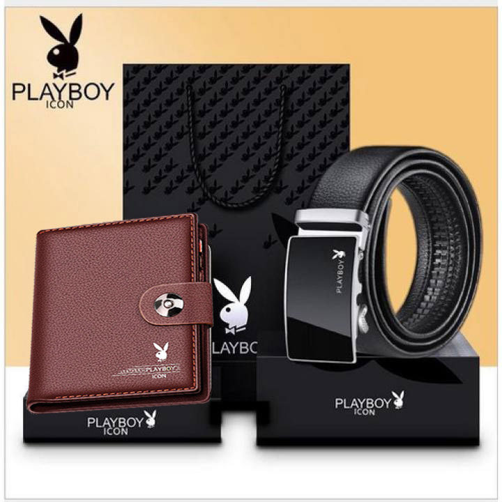 Bộ quà tặng ví khuy bấm + thắt lưng PLAYBOY cao cấp - túi hộp như hình phù hợp làm quà tặng