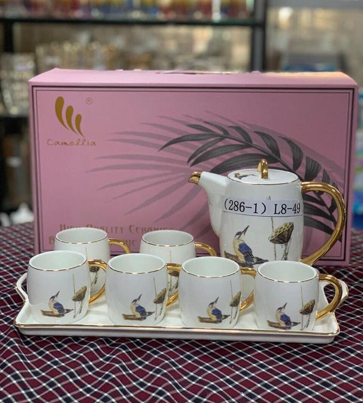 Bộ 6 cốc sứ kèm khay và ấm loại nhỡ