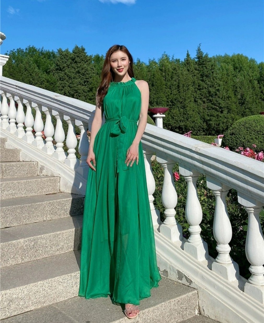 [Hcm]Maxi Dress with Birds Necklace with Tie Strap