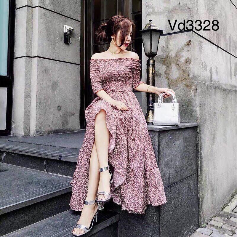 Đầm maxi trễ vai hoa nhí vải lụa-BS