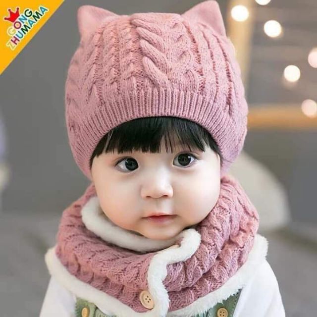 Set mũ Len tai mèo kèm khăn cho bé