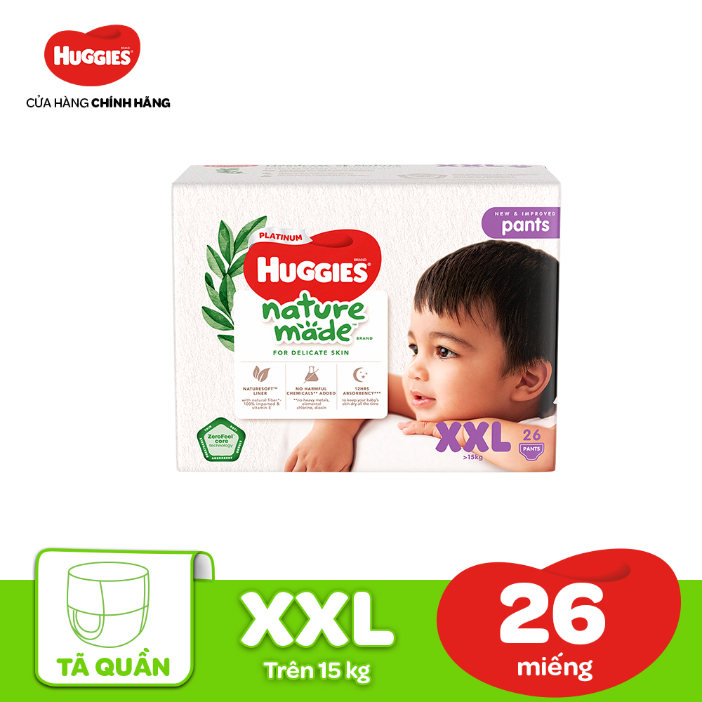 [CHỈ 15.1-2.2  QUÀ TẶNG ĐƠN TỪ 799K] Tã/Bỉm quần HUGGIES PLATINUM NatureMade XXL26 (Trên 15kg)-Gói Jumbo 26 miếng