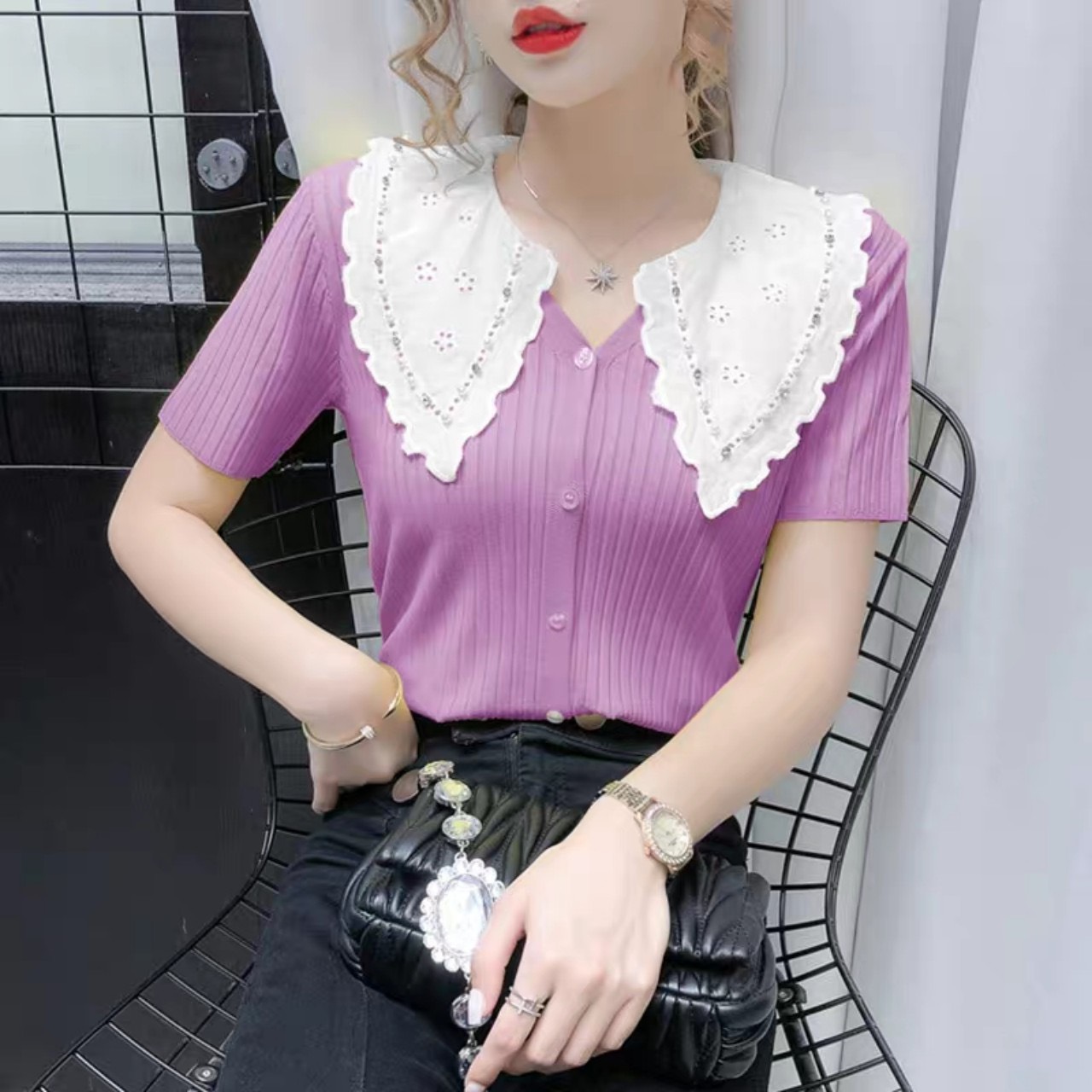 Áo sơ mi thun gân tăm cổ ren tiểu thư TTSLA0225