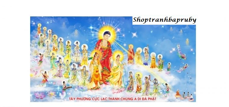 Tranh thêu chữ thập tây phương cực lạc thánh chúng a di đà phật lv3165 kích thước 113x63cm