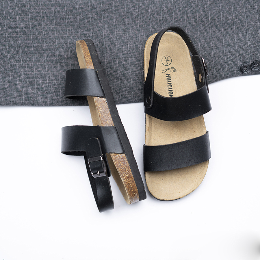 Giày Sandal đế trấu unisex 2 quai da pu đen