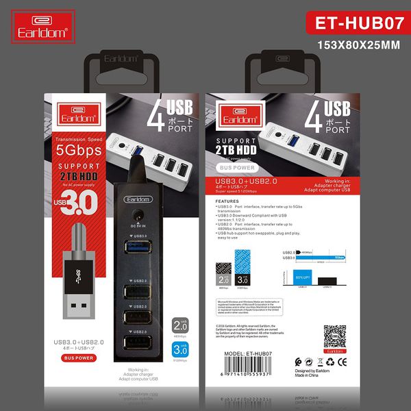 Ổ Cắm USB Earldom HUB - 07 (Hỗ Trợ 3 Cổng USB 2.0 và 1 cổng USB 3.0)
