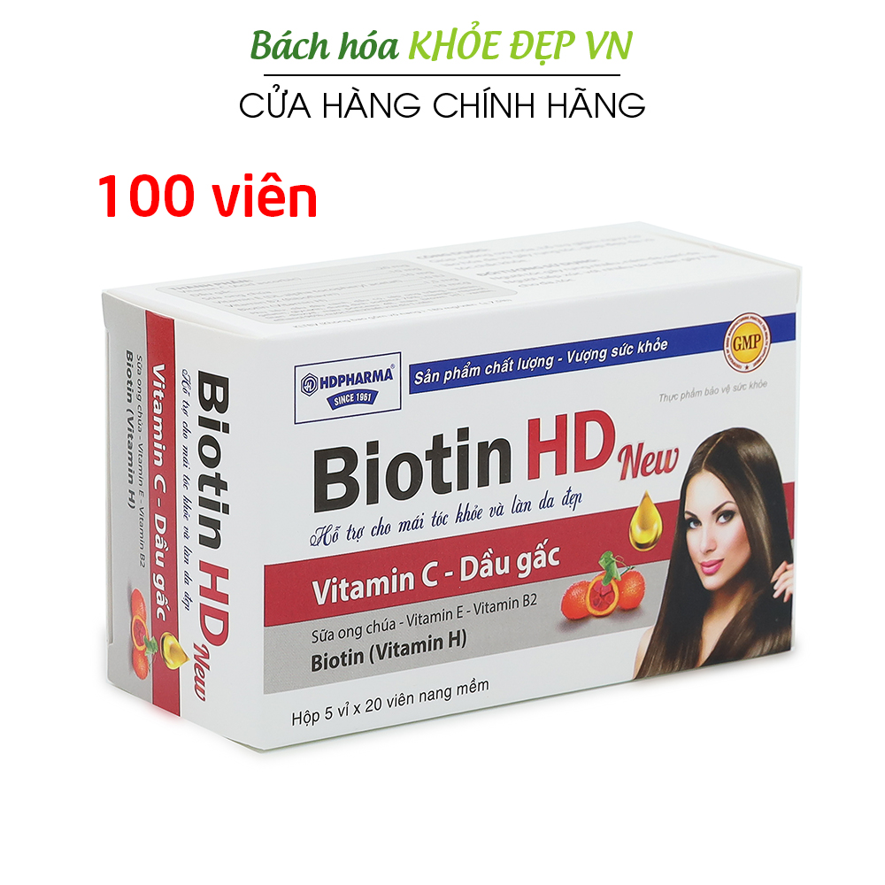 Viên uống Biotin HD New vitamin C dầu gấc giúp mái tóc khỏe sáng da giảm rụng tóc chống lão hóa - Hộp 100 viên