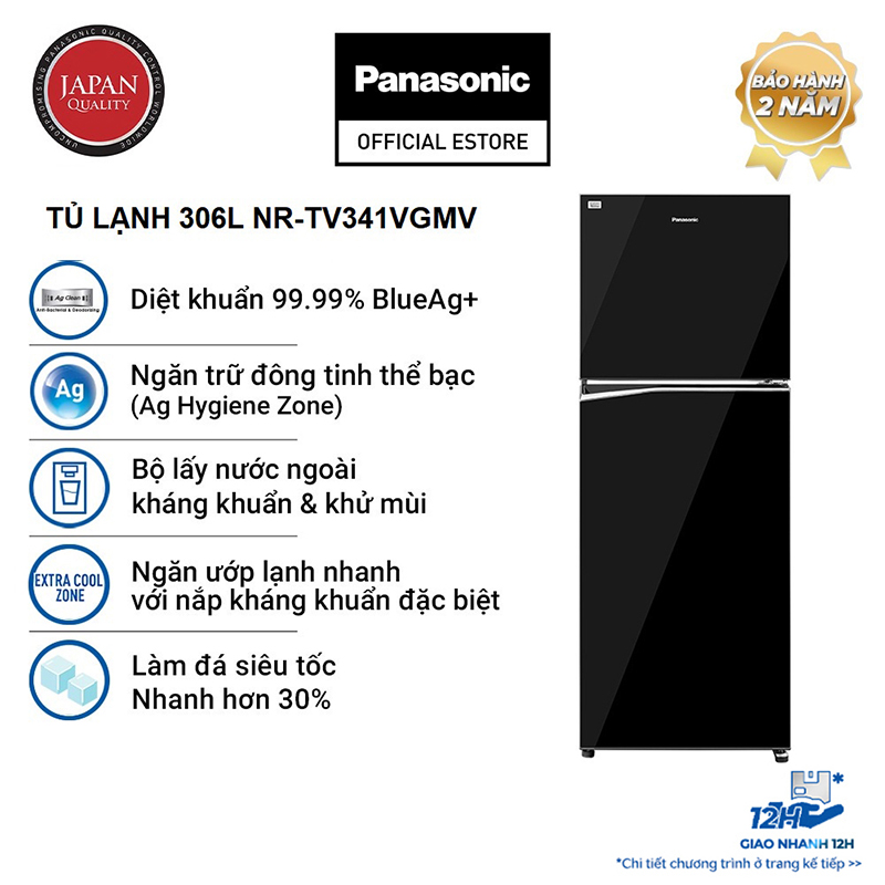 Tủ lạnh panasonic inverter 306 lít nr-tv341vgmv - làm đá siêu tốc - bảo hành chính hãng 24 tháng