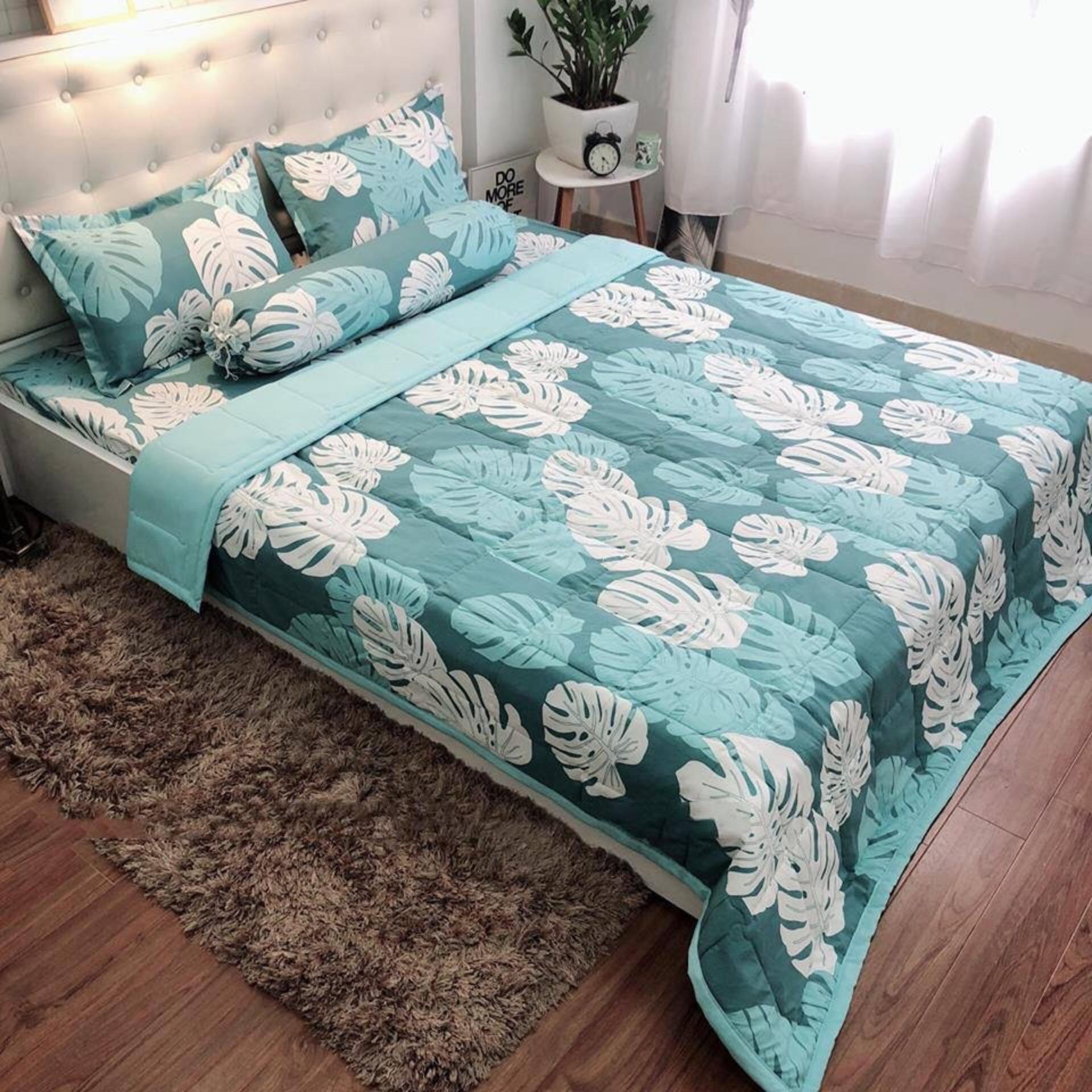 Bộ chăn ga gối trần bông lá xanh+ tặng vỏ ôm