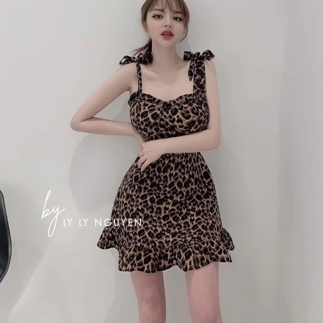 Đầm thun da beo 2 dây cột đuôi xoè DUTIEC43