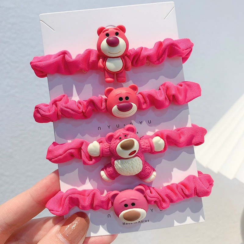 Buộc tóc scrunchies gấu dâu hồng lot so shot trend hàn quốc