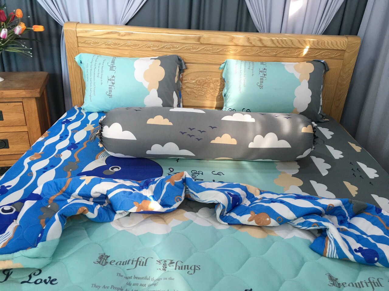 Bộ Drap thun Hàn Quốc loại 1 có mền 5 món ( 1 drap + 1 chăn chần bông + 3 áo gối) đủ size