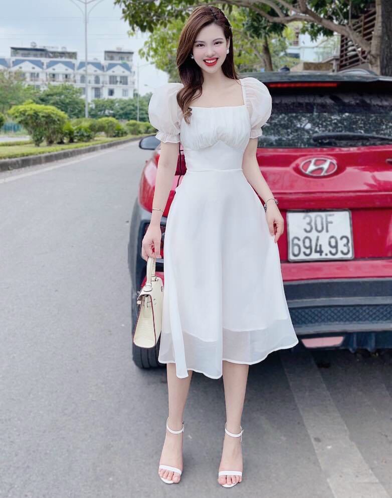Đầm ôm tùng xòe tay phồng nhún ngực đính nơ sang chảnh , đầm thời trang tay phồng nhún cúp ngực ôm eo váy xòe đính nơ sau lưng