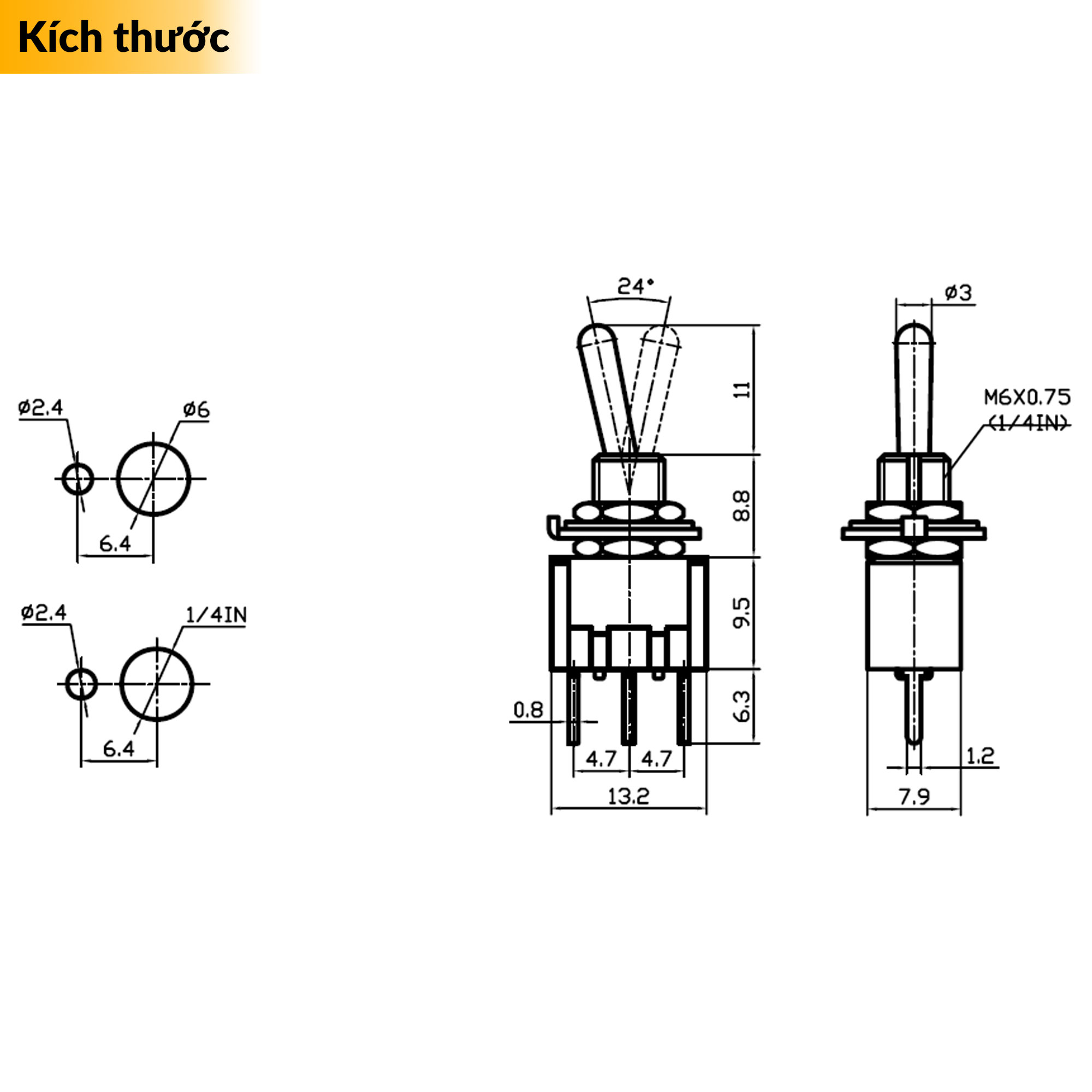 Bộ 2 công tắc gạt 3 chân 6A