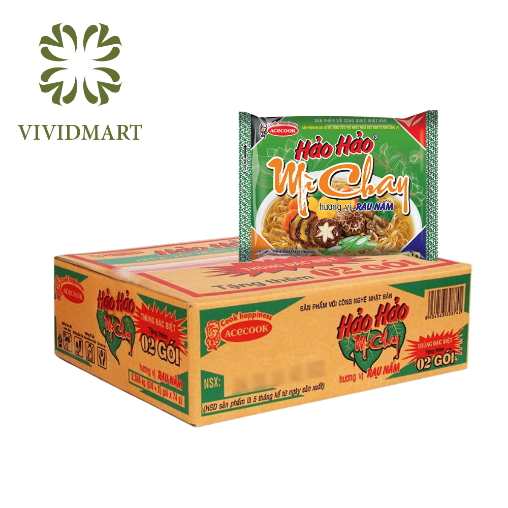 [1 BOX OF 30 PACKAGES/1 FLAVOUR] - ACECOOK - HAO HAO INSTANT NOODLES 10 FLAVORS: SOUR-HOT SHRIMP, CRISPY GARLIC PORK, SWEET AND SOUR SHRIMP STIR-FRIED, SEAFOOD STIR-FRIED SHRIMP ONION STIR-FRIED, CHICKEN, PURPLE SATAY ONION, VEGAN MUSHROOM, KIM CHI FLAVOR