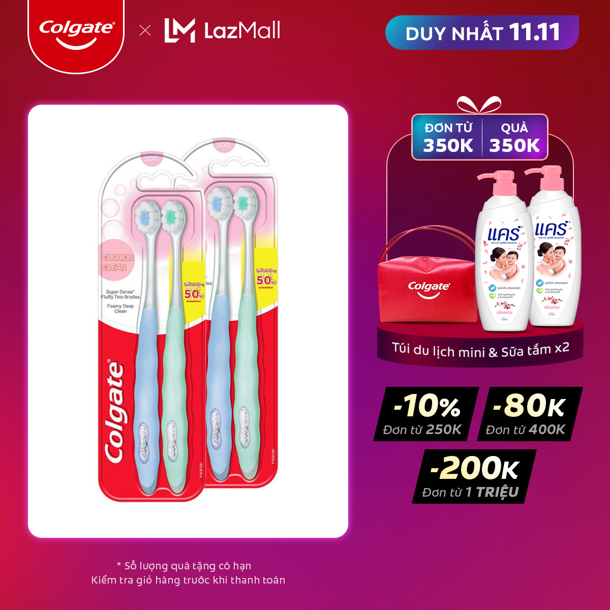 Bộ 4 bàn chải đánh răng lông siêu dày và mềm Colgate Cushion Clean