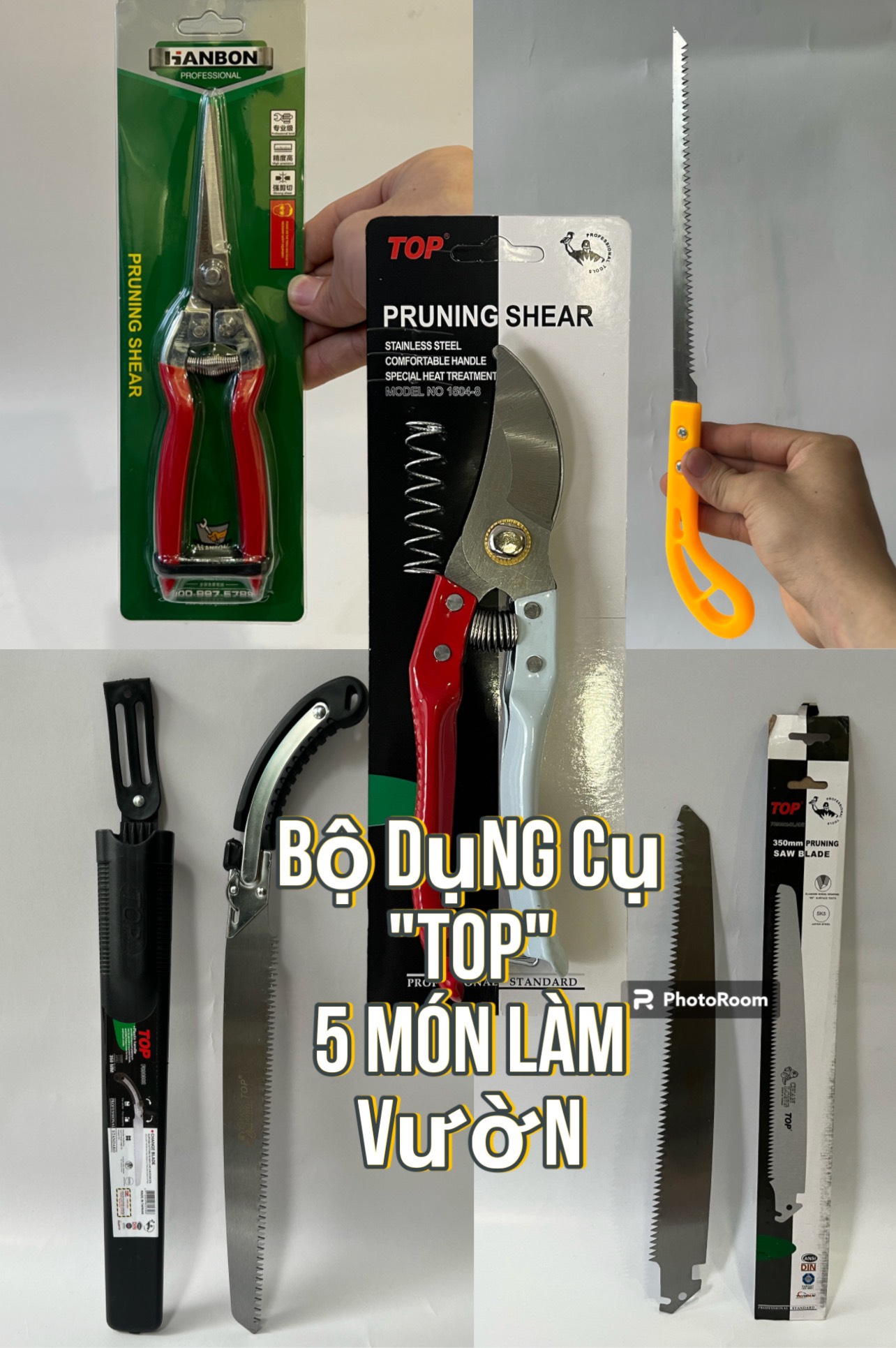 Bộ dụng cụ làm vườn TOP 5 món (Kéo cành Top, Cưa kiếm Top, Lưỡi cưa Top, Cưa lách, Kéo dăm)
