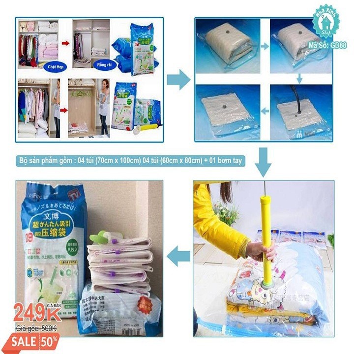 Bộ 8 Túi Hút Chân Không Đựng Quần Áo Chăn Màn Gấp Gọn Chống Nấm Mốc, Tặng Kèm Bơm Tay