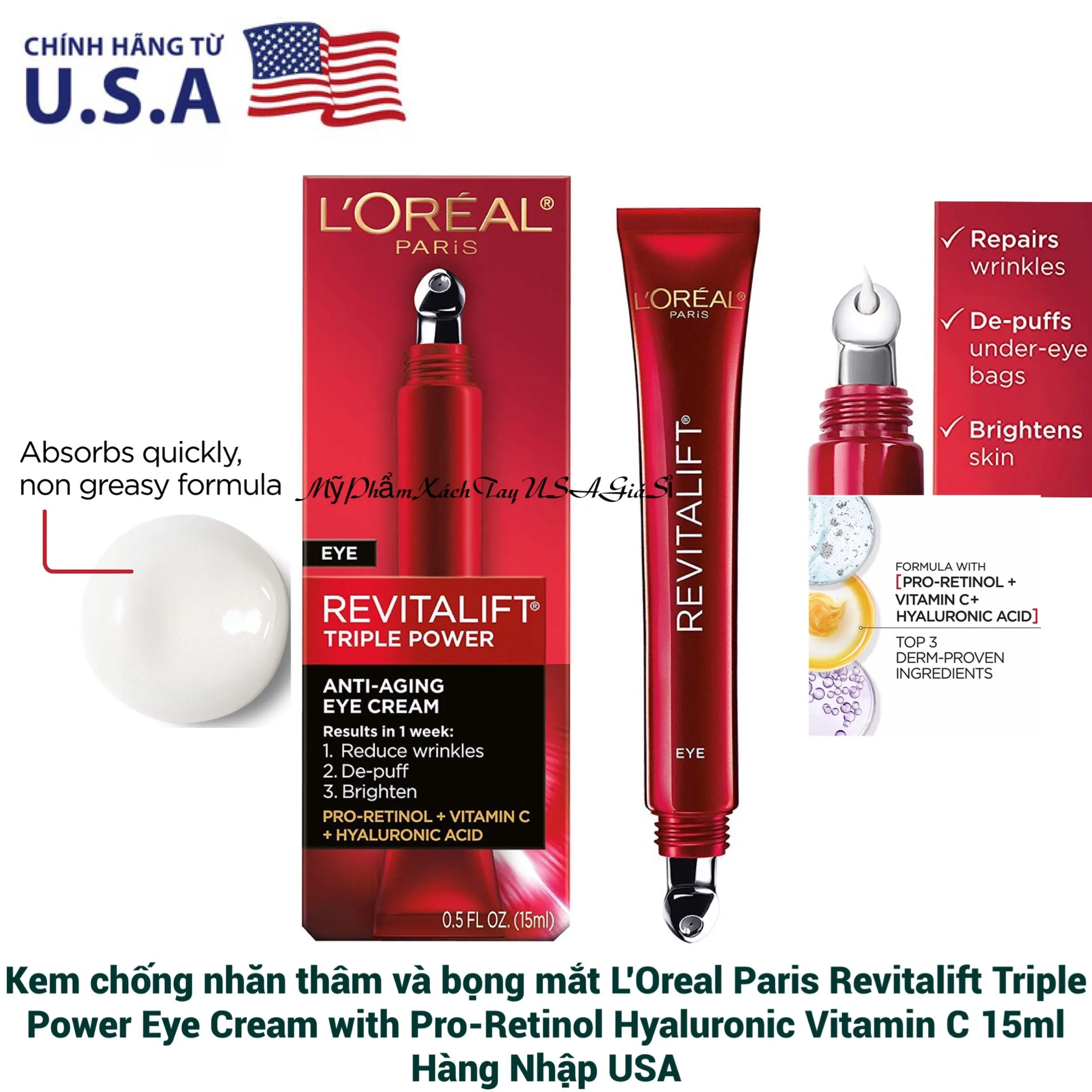 Kem chống nhăn thâm và bọng mắt LOreal Paris Revitalift Triple Power Eye Cream Pro-Retinol Hyaluronic Vitamin C 15ml Hàng Mỹ