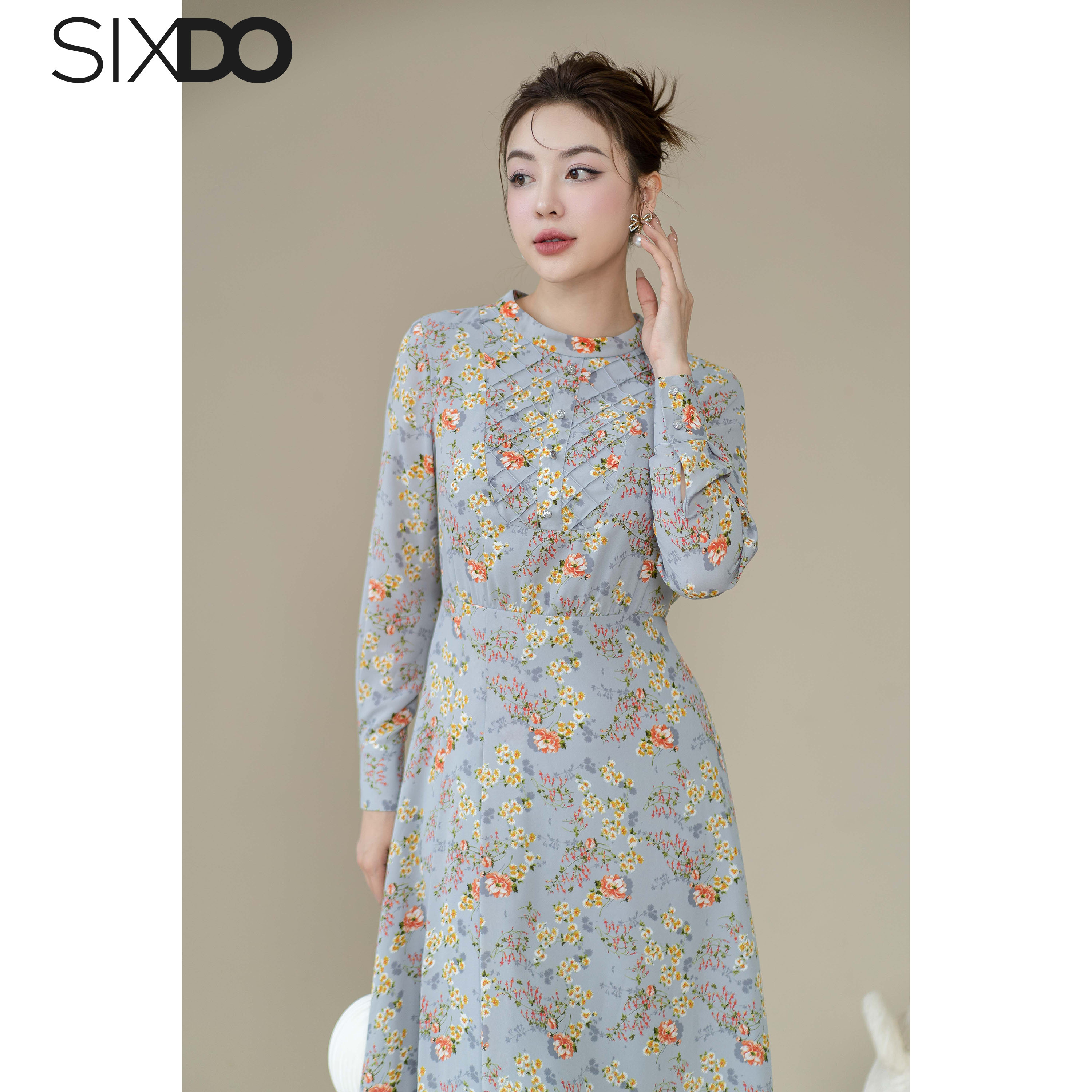 Đầm chiffon hoa nhí dài tay SIXDO (Floral Chiffon Midi Dress)