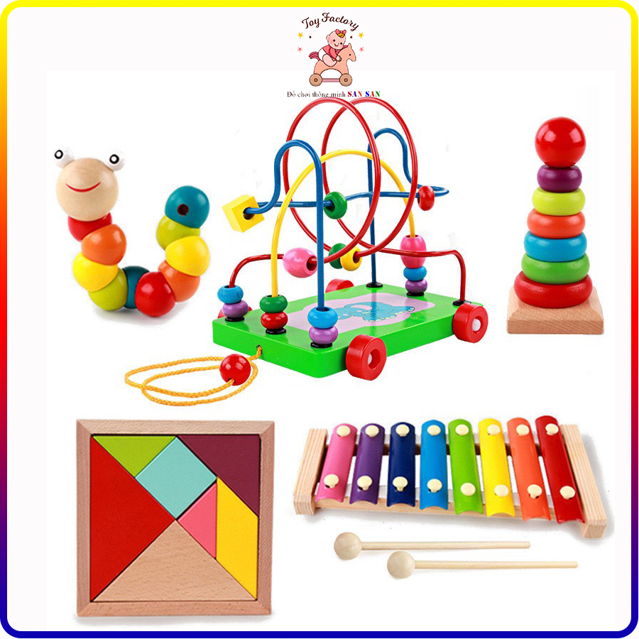 [Hoàn Tiền 10%]Combo đồ chơi gỗ 5 món đàn, sâu, tháp, luồn lớn, tangram