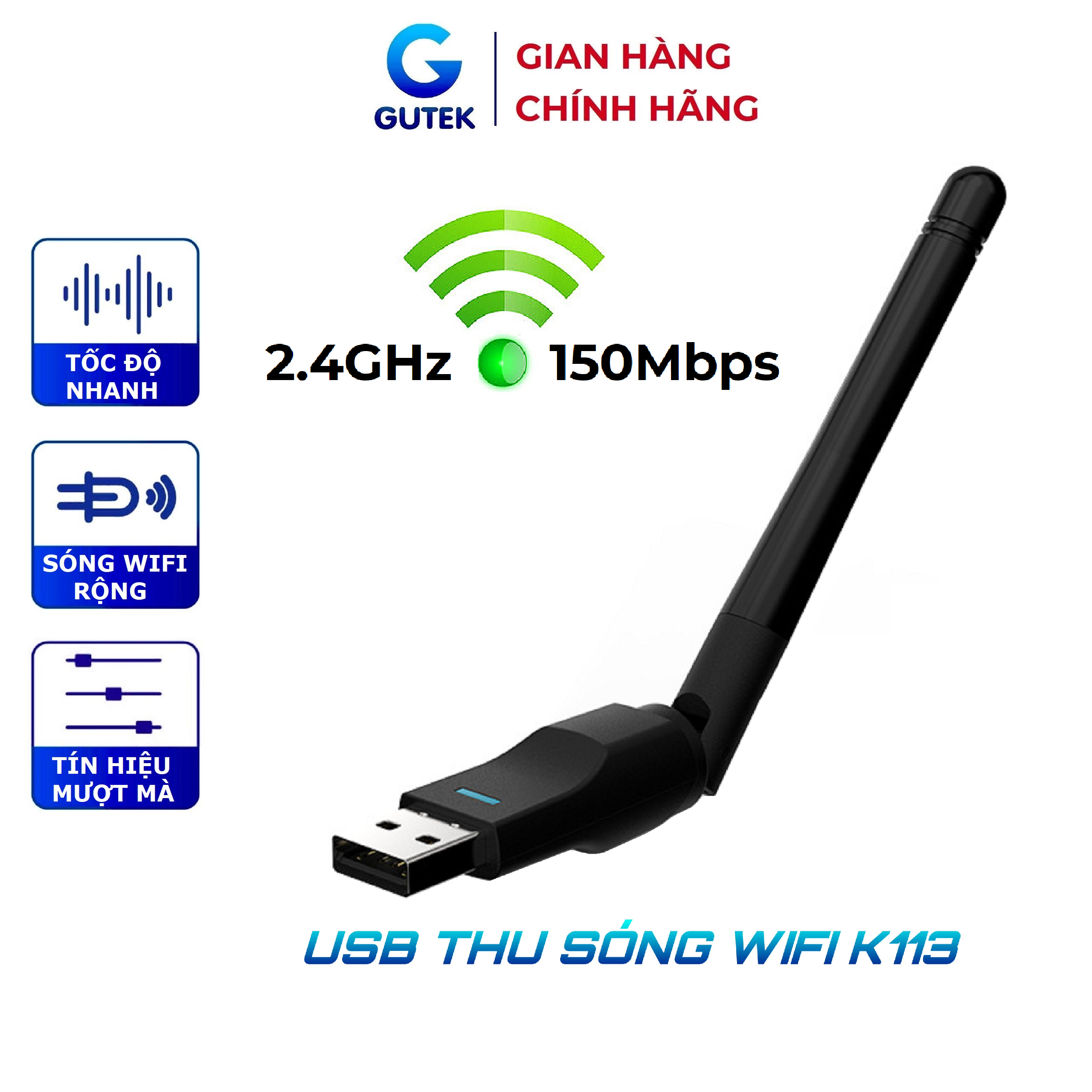 USB thu sóng wifi Gutek WD46 1200mbps 2 râu nâng cấp WiFi lên 5G cho máy tính, pc , laptop tần số 2.4G 5G siêu nhanh