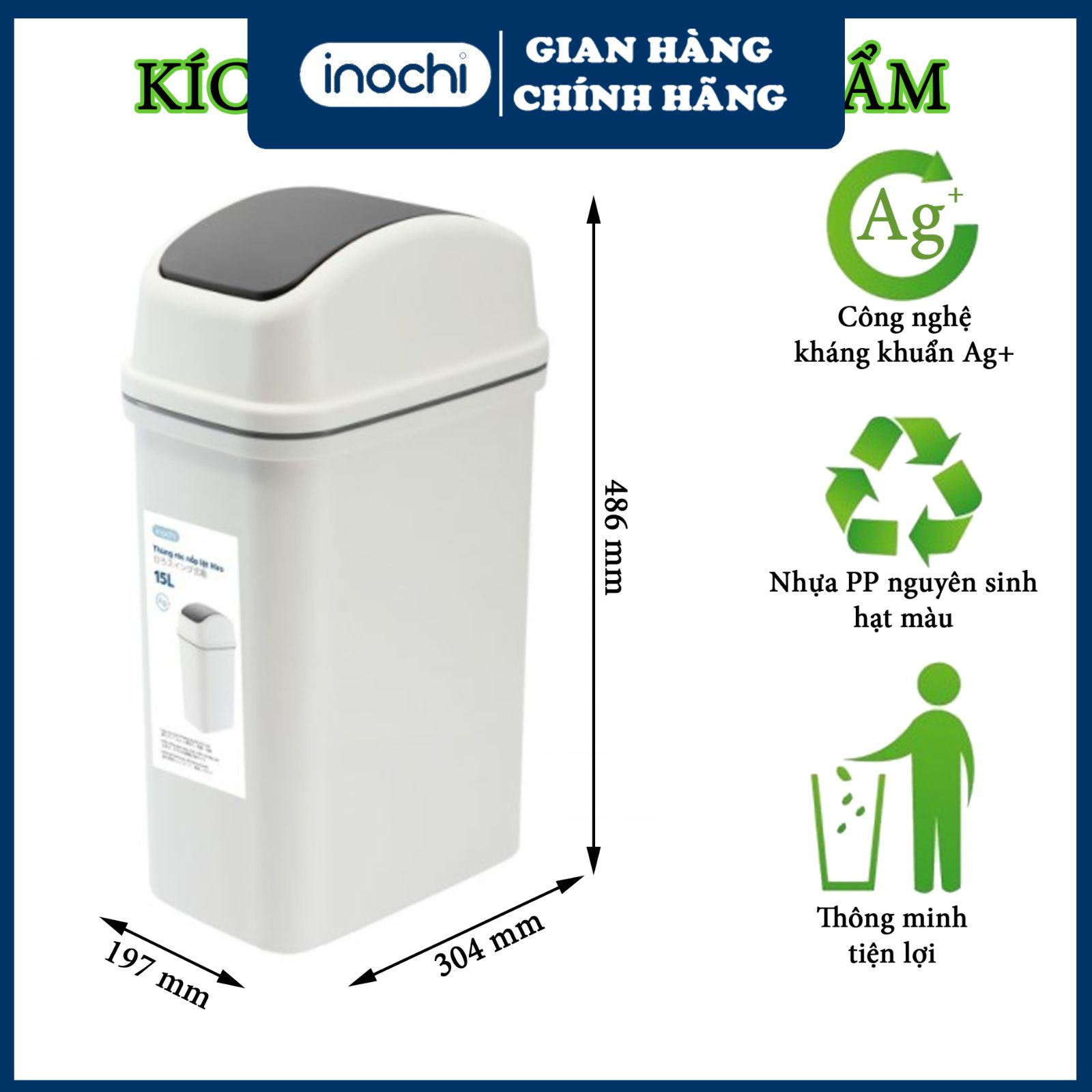 [CHÍNH HÃNG] Thùng Rác Nắp Lật Thông Minh 15l - Sọt rác nhựa nắp lật chất liệu nhựa nguyên sinh cao cấp phủ Ag+ kháng khuẩn khử mùi dùng cho gia đình , nhà bếp , phòng khách , nơi công sở , văn phòng