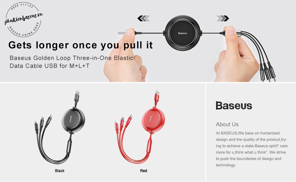 Cáp sạc dây rút 3 đầu Baseus Golden Loop 3 in 1 Elastic (3.5A, Type C/ Lightning/ Micro USB, Adjustable, Data & Fast Charge Cable)