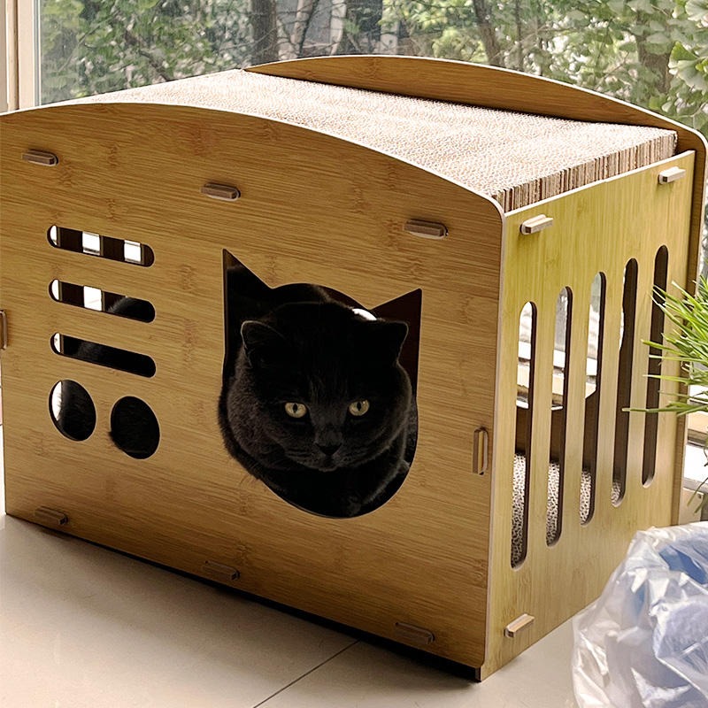 Nhà Gỗ Cho Thú Cưng 47x30cm (Tự Lắp Ráp) Có Bàn Cào Móng - [Nông Trại Thú Cưng]