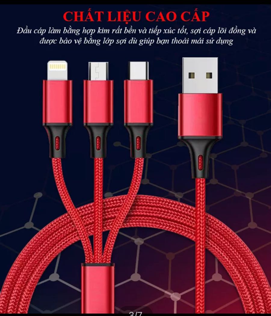 Dây Cáp Sạc đa năng 3 trong 1 hỗ trợ 3 Đầu Lightning - Micro USB - Type C, cáp sạc iphone, cáp sạc Android data cable