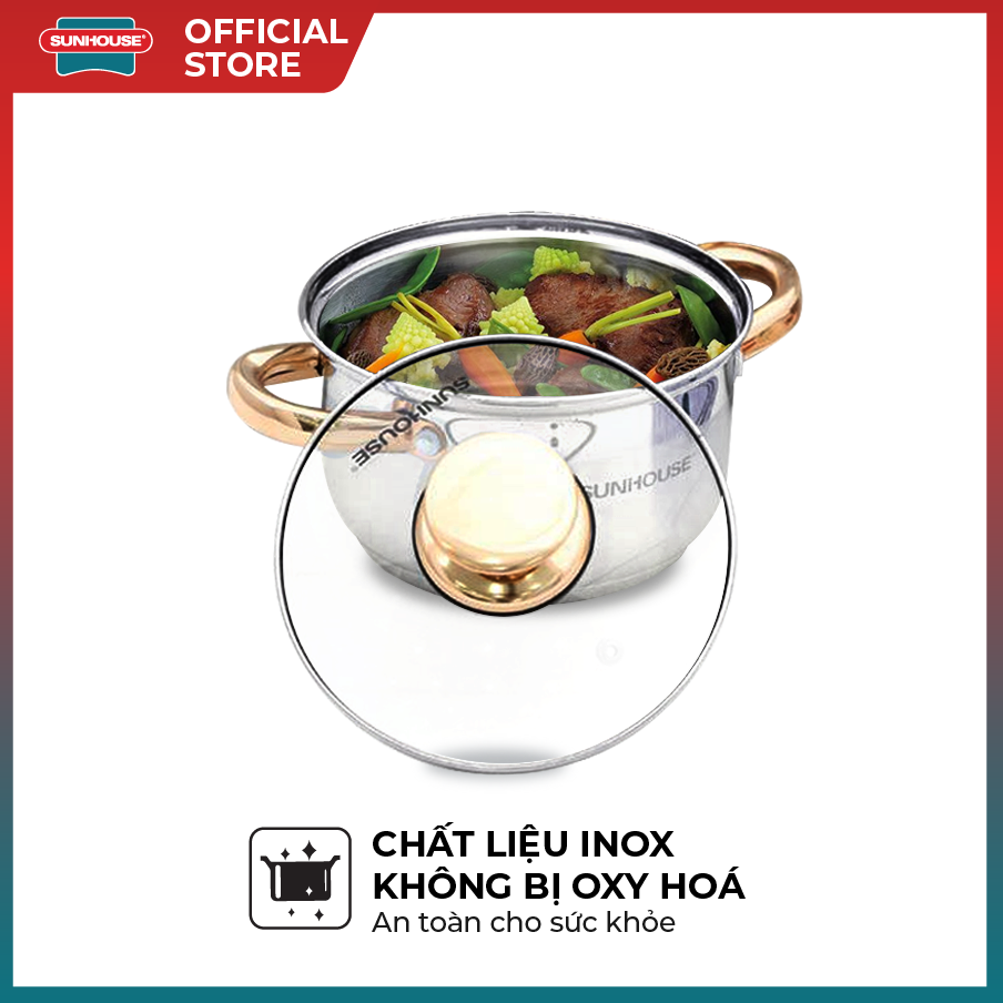 Bộ nồi inox 5 đáy SUNHOUSE SH781 - 16, 20, 24 cm tỏa nhiệt đều - Chất liệu inox an toàn - Phù hợp với mọi loại bếp - Hàng chính hãng