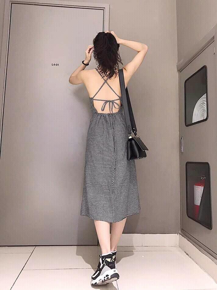 Đầm kate caro 2 dây hở lưng-MTB