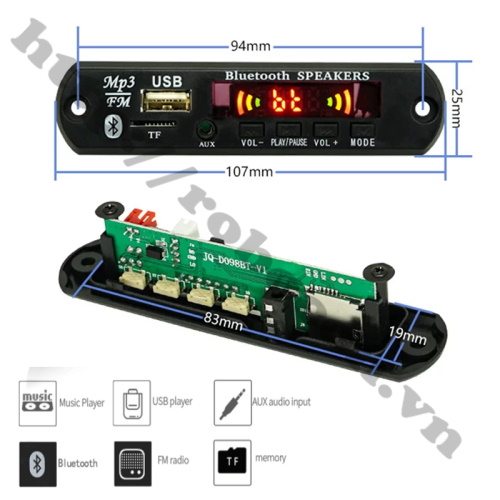 MODULE MẠCH GIẢI MÃ MP3 + FM + BLUETOOTH 5.0 5VDC JQ D098BT