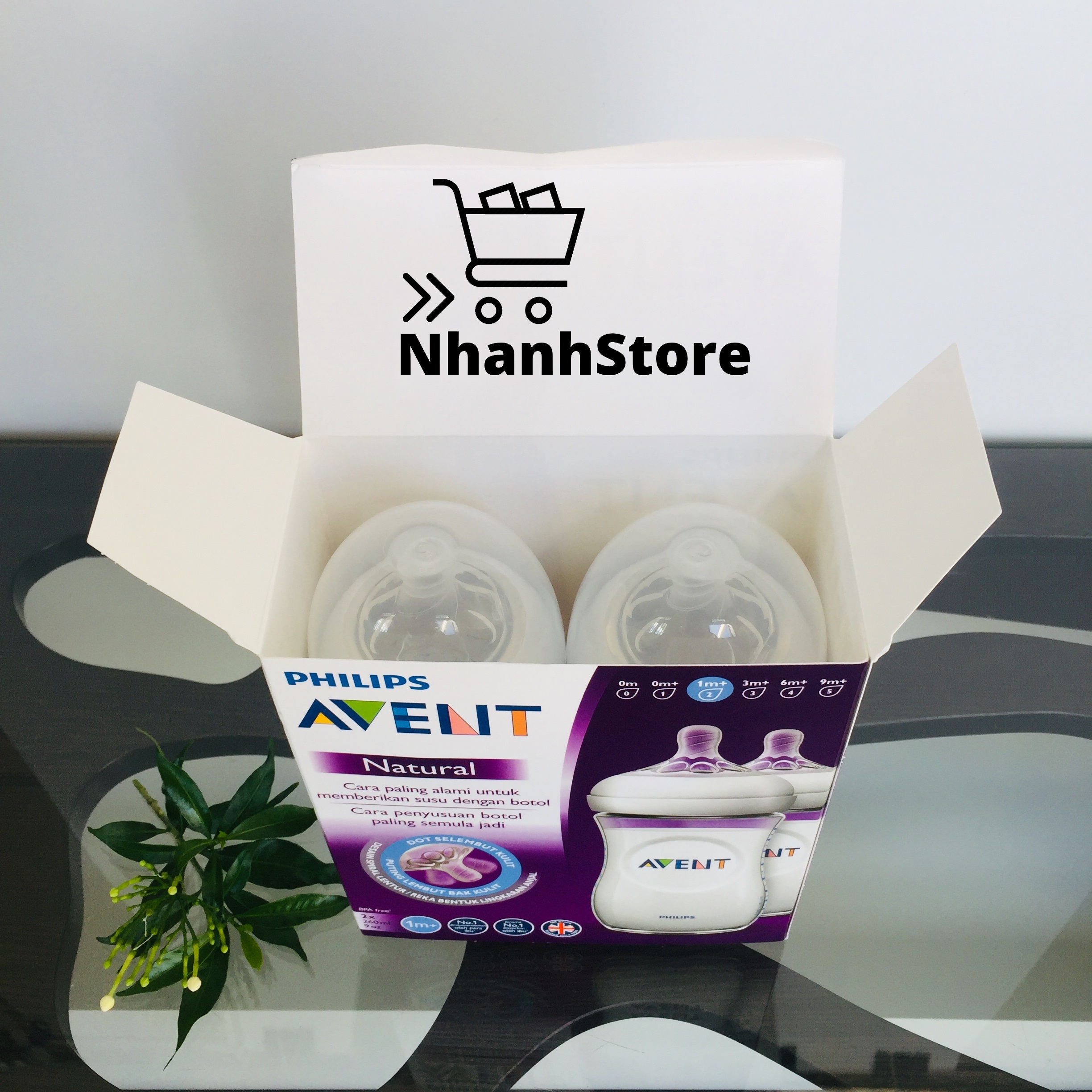 Bình sữa Avent Nautural 260ml [Núm số 2, 1m+] [Màu trắng trong]