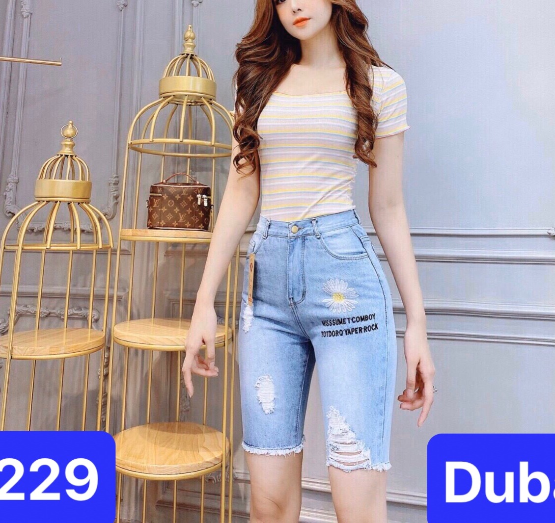 QUẦN SHORT SỌT JEAN LỬNG KIỂU NGỐ NỮ CHẤT BÒ XANH WASH RÁCH HOA CÚC HÀN QUỐC SEOUL LƯNG CAO NÂNG MÔNG DB-229 - DUBAI FASHION